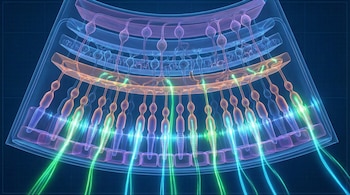 Imagen científica estilizada de un corte transversal de la retina humana, mostrando capas de células nerviosas y conos fotorreceptores emitiendo luz verde y azul.
