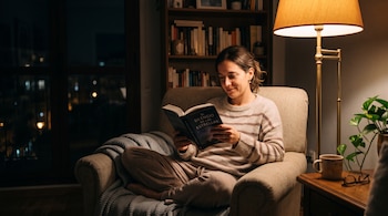 Una mujer lee un libro sentada en un sillón junto a una lámpara encendida, con una biblioteca al fondo y una ventana de noche.