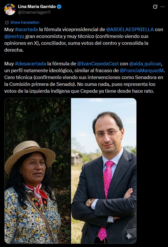 Lina María Garrido lanzó pullas a la izquierda por fórmula vicepresidencial de Iván Cepeda - crédito @linamariagarri1/X