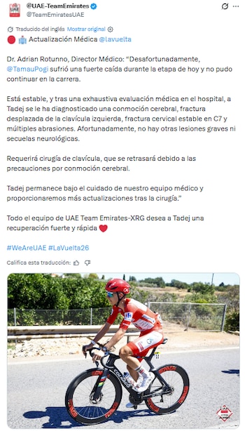 La cirugía de clavícula se pospondrá por precaución debido al riesgo asociado con la conmoción cerebral, según el UAE Team Emirates. (X/ @TeamEmiratesUAE)