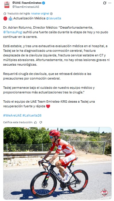 La cirugía de clavícula se pospondrá por precaución debido al riesgo asociado con la conmoción cerebral, según el UAE Team Emirates. (X/ @TeamEmiratesUAE)