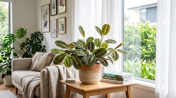 Planta en maceta sobre mesa auxiliar de madera junto a libros, frente a un sofá neutro y una ventana con cortinas blancas.
