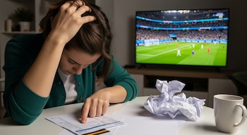 Una persona, vista de lado y sin mostrar el rostro, mira intensamente un documento financiero; al fondo, un partido de fútbol en televisión.