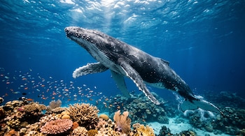 Una ballena jorobada nada bajo el agua junto a un arrecife de coral poblado de peces pequeños y bañado por rayos de luz.