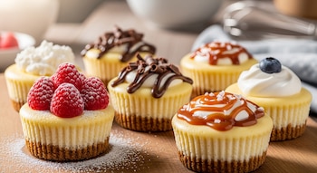 Primer plano de siete mini cheesecakes variados en una tabla de madera. Incluyen toppings de frambuesas, chocolate, caramelo salado, crema batida y un arándano.