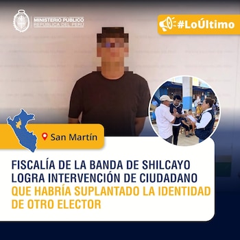 Gráfico informativo del Ministerio Público del Perú. Muestra un hombre pixelado, un mapa de San Martín y una imagen de personas interactuando
