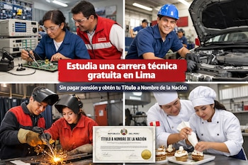 Un collage muestra a estudiantes en un laboratorio de electrónica, taller automotriz, taller de soldadura y cocina, junto a un certificado de Título a Nombre de la Nación.