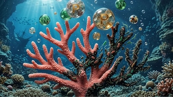 Ilustración de un coral ramificado rosa afectado por una banda negra que avanza. Burbujas con 'N' y 'P' flotan, junto a microorganismos negros y verdes