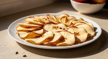 Un plato blanco ovalado lleno de rodajas de manzana deshidratada, con las semillas visibles en algunas. Se encuentra sobre una mesa de mármol beige con luz natural. Se ven dos semillas sueltas.