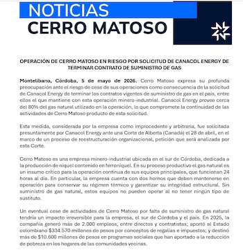 Cerro Matoso, una de las principales mineras de ferroníquel de América Latina, enfrenta posibles afectaciones en sus actividades luego de que Canacol Energy comunicó la suspensión del suministro de gas en Colombia - crédito Cerro Matoso