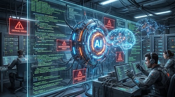 Centro de datos futurista con una IA holográfica central emitiendo luz azul. Múltiples pantallas muestran código Linux y advertencias de error crítico. Dos desarrolladores usan auriculares y monitores.