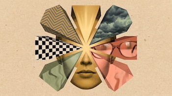 Rostro frontal dividido en secciones geométricas que contienen patrones de ajedrez, zigzag, nubes de tormenta, gafas y texturas de colores.