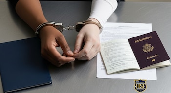 Primer plano de manos esposadas de un adulto moreno y uno blanco sobre mesa metálica, con documentos y pasaporte dominicano abierto, y el logo de HSI.