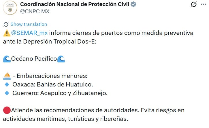 Semar ordena cierre de puertos ante el avance del sistema tropical en el Pacífico.
