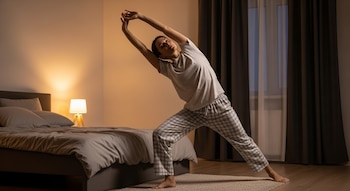 Una mujer de pie descalza con pijama, con los brazos estirados hacia arriba y el cuerpo inclinado, en un dormitorio con cama, mesa de luz y cortinas.