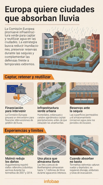 Ilustraciones de edificios, lluvia, estanques urbanos, depósitos subterráneos de agua, canales y diagramas sobre drenaje pluvial.