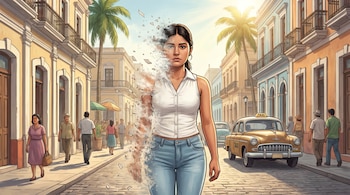 Ilustración de una joven con camisa blanca y jeans, cuyo lado izquierdo se disuelve en partículas, en calle adoquinada de Veracruz con edificios, palmeras y un taxi.