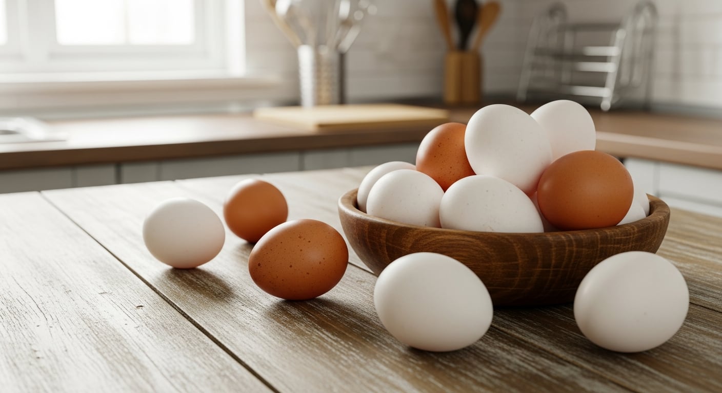 Una mezcla de huevos blancos y marrones se exhibe sobre una mesa de madera (Imagen Ilustrativa Infobae)