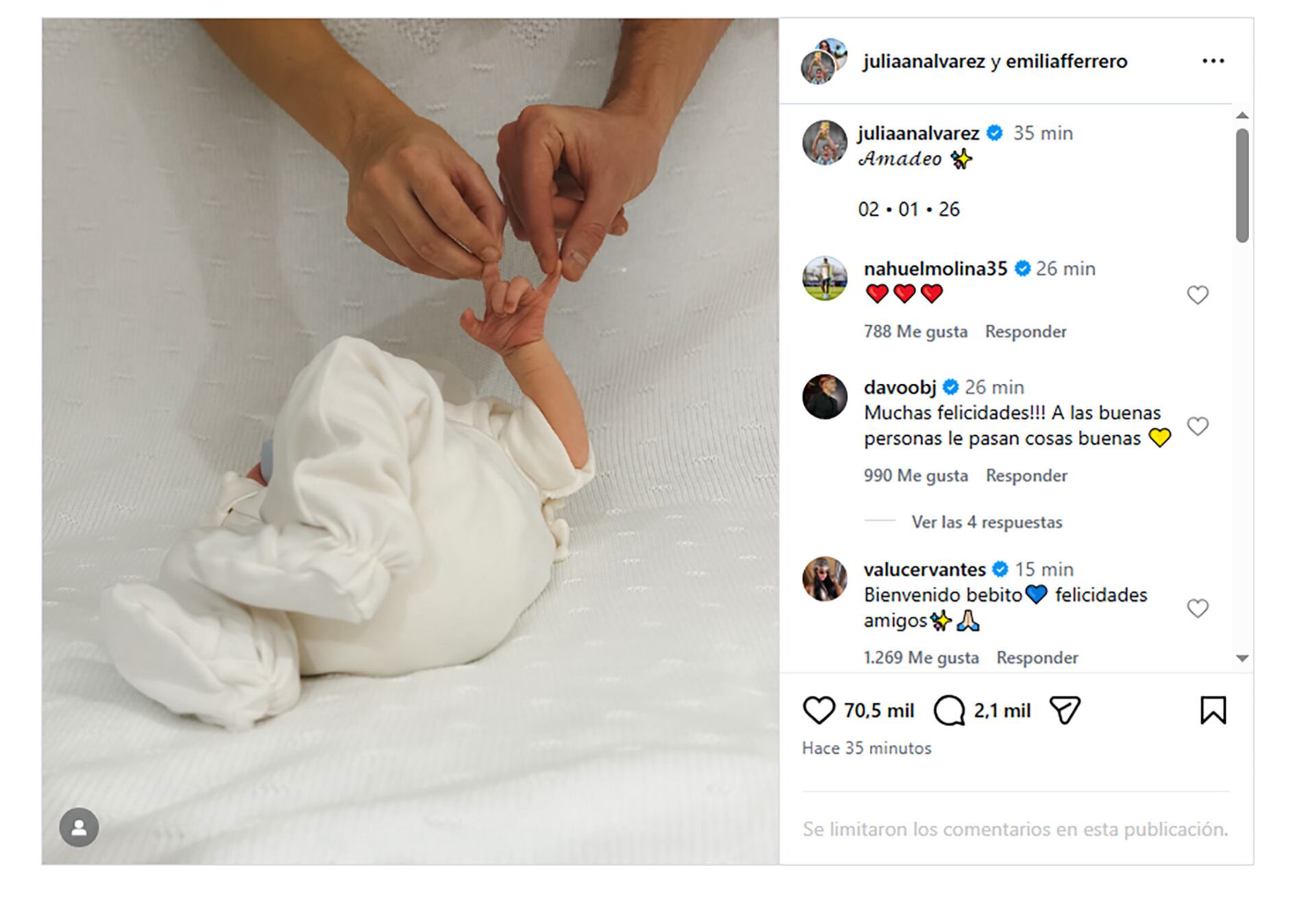 La publicación en conjunto de Julían y Emilia confirmando el nacimiento de su hijo Amadeo (@julianalvarez)