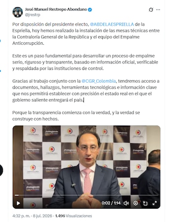 El vicepresidente electo José Manuel Restrepo Abondano aseguró que el Gobierno entrante tendrá acceso a documentos, hallazgos y herramientas tecnológicas proporcionadas por la Contraloría para el proceso de empalme - crédito @jrestrp/X