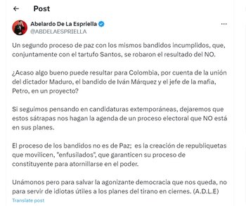 Abelardo de la Espriella critica