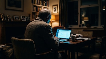 Vista de espalda de un adulto mayor sentado frente a una computadora portátil abierta sobre una mesa de madera.