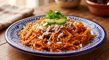 Fideo seco con crema, queso desmoronado, rebanadas de aguacate y cilantro en un plato de cerámica azul y blanca sobre una mesa.