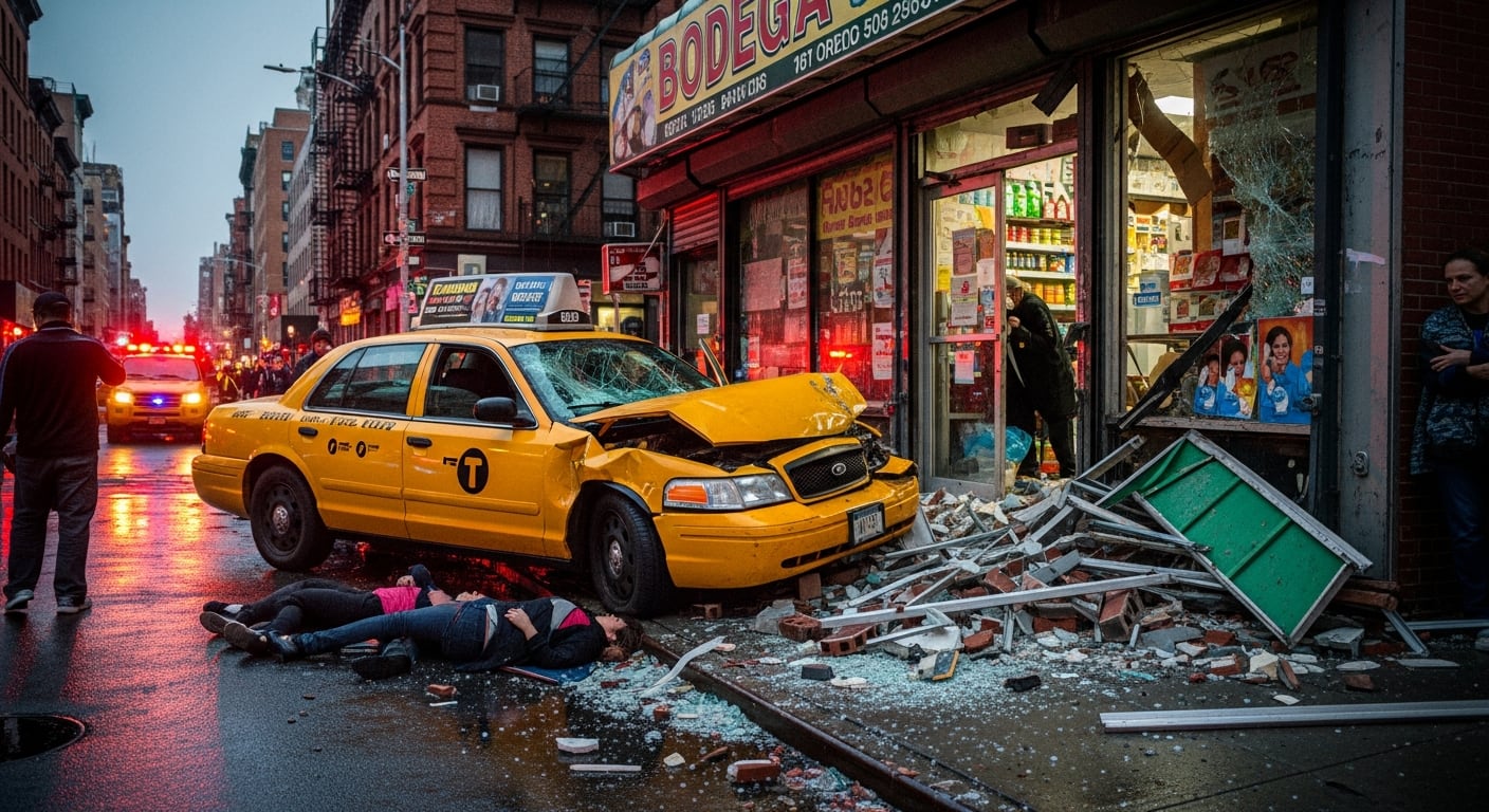Un taxi amarillo con graves daños tras colisionar con una bodega se ve en una calle mojada, mientras dos mujeres yacen en el suelo en el Lower East Side de Manhattan, Nueva York. (Imagen Ilustrativa Infobae)