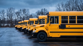 Fila de autobuses escolares amarillos estacionados en un estacionamiento asfaltado bajo un cielo nublado con árboles al fondo.