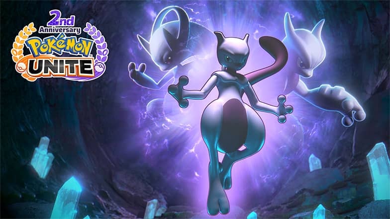 El personaje Mewtwo encabeza el arte oficial del segundo aniversario del videojuego Pokémon UNITE junto a sus megaevoluciones en una cueva. (Pokémon)