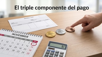 Mesa con un calendario de noviembre, una boleta de pago, tres fichas metálicas, una calculadora y una mano que apunta a una de las piezas.
