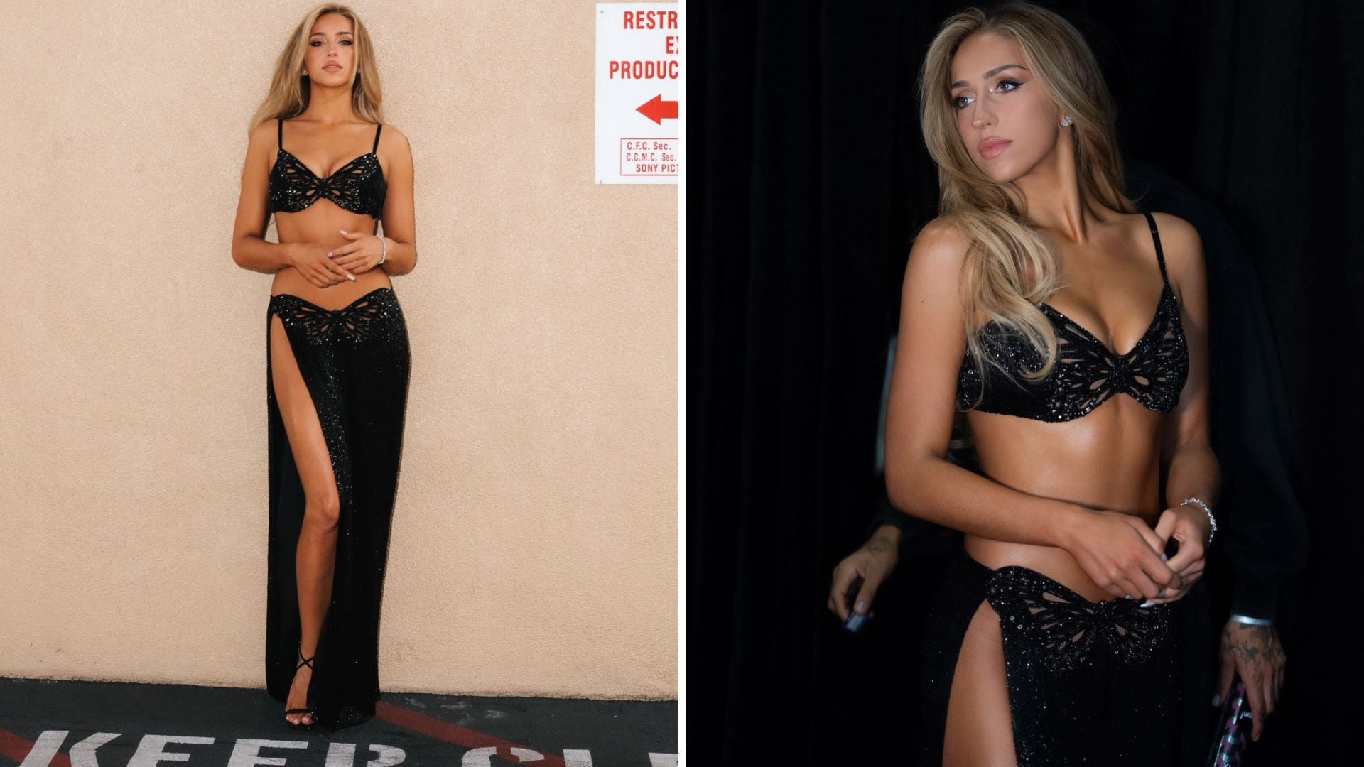 Tate McRae llevó un conjunto negro de dos piezas con una mariposa bordada como eje del diseño