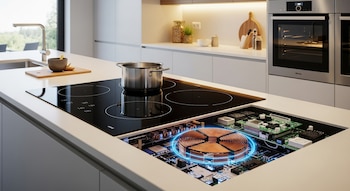 Cocina moderna con placa de inducción negra y olla metálica; se muestra un corte transversal con bobinas de cobre y circuito electrónico activos.