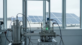 Reactor electroquímico metálico en un laboratorio, conectado con tubos y cables; a través de una ventana, se observan paneles solares en el exterior.