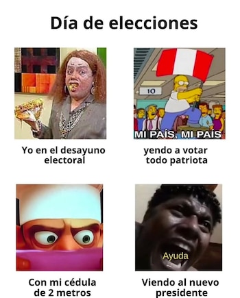 Collage de cuatro memes sobre el Día de Elecciones: una persona comiendo, Homer Simpson con bandera de Perú, ojos animados y una persona gritando de sorpresa