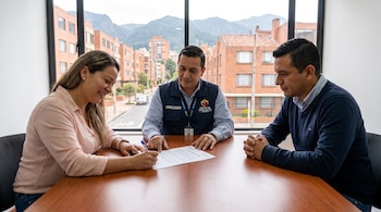 Una mujer, un hombre y un conciliador sentados en una mesa de madera. La mujer firma un documento. Ventanal con vista a calle urbana y montañas.