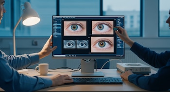 Dos personas con manos sobre un escritorio con monitor que muestra imágenes de ojos, teclado, lámpara, taza y un dispositivo blanco.
