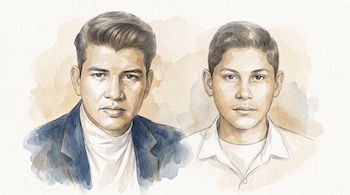 Dibujo a lápiz y acuarela que muestra a un hombre con saco azul y a un adolescente con camisa blanca sobre un fondo con manchas neutras.