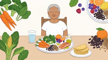 Ilustración plana de una persona mayor con cabello canoso sentada frente a una mesa con un plato de zanahorias, brócoli, espinaca, frijoles, pescado y frutas.