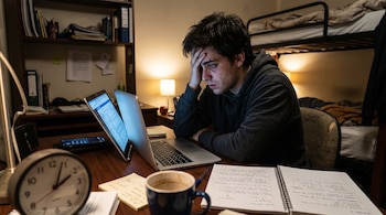 Un hombre sentado frente a una computadora portátil en un escritorio con cuadernos, libros, una taza de café y un reloj de mesa en primer plano.