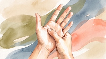 Ilustración en acuarela de dos manos. Una mano presiona con el pulgar la base del pulgar de la otra mano. Fondo con formas abstractas de colores.