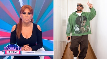 A composição mostra Magaly Medina na TV e Jefferson Farfán andando pelo corredor de moletom verde e chapéu.