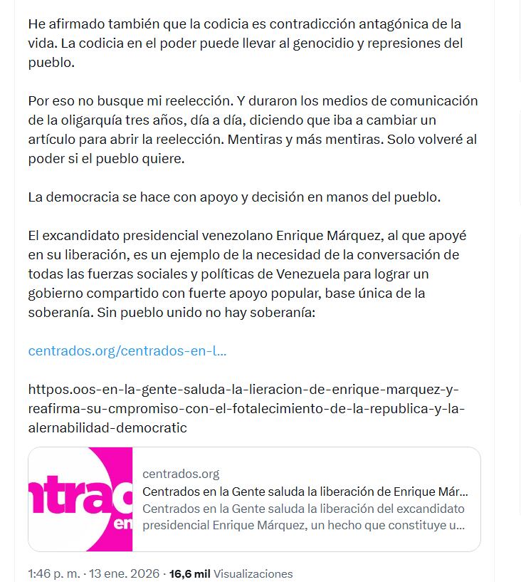 Petro habló de historia, silencios y prensa sobre su gestión para la liberación de presos políticos en Venezuela, y dejó claro que no espera reconocimientos inmediatos - crédito @petrogustavo/X