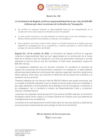 a Contraloría de Bogotá ratificó en segunda instancia un fallo de responsabilidad fiscal por más de $36.400 millones. La edificación permanece inconclusa y no atiende a los ciudadanos - crédito @ContraloriaBta/X