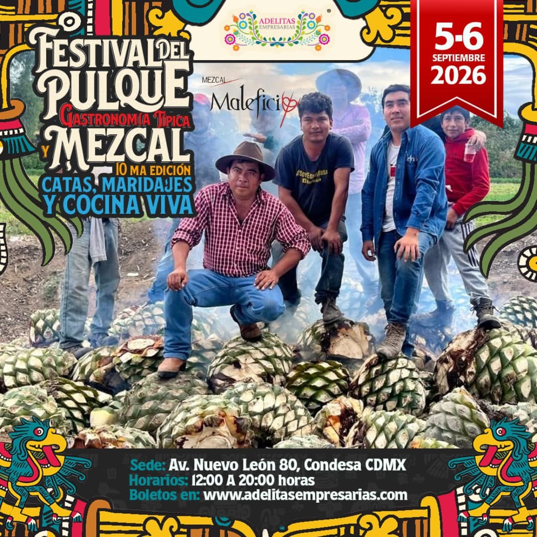 Un cartel anuncia la décima edición del Festival del Pulque y Mezcal para los días 5 y 6 de septiembre de 2026 en la colonia Condesa de la Ciudad de México. (Adelitas empresarias/Redes sociales)