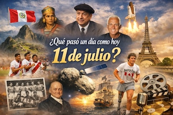 Composición con bandera de Perú, Machu Picchu, inca, futbolistas, transbordador espacial, Torre Eiffel, Terry Fox, barco, asteroide, hombres, objetos de cine y música.