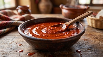 Un cuenco de barro lleno de adobo rojo con una cuchara de madera sobre una mesa rústica.