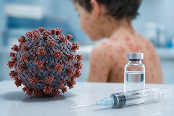 Un modelo tridimensional de un virus, un frasco de vidrio, una jeringa y la figura desenfocada de un niño con sarpullido rojo.