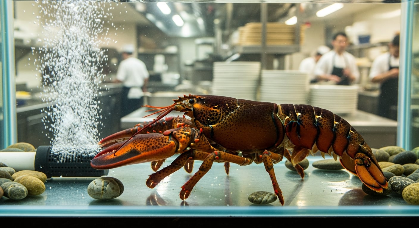 Una langosta viva se exhibe en un acuario dentro de la cocina de un restaurante de alta cocina. (Imagen Ilustrativa Infobae)