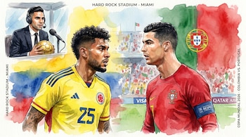 Luis Suárez con camiseta de Colombia, Cristiano Ronaldo con camiseta de Portugal, Falcao García en cabina. Estadio Hard Rock Stadium Miami, Copa Mundial 2026.